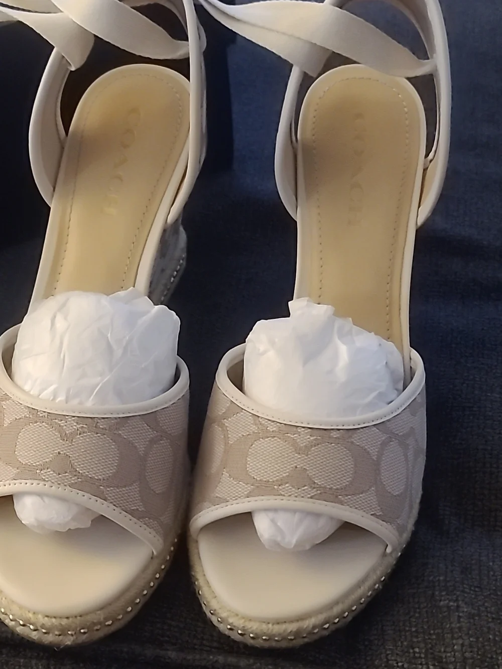 COACH Beige Signature Canvas Espadrille Wedge Sandals